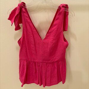 V Neck Bow Shoulder Tie Top, The Impeccable Pig, Size Small, Pink